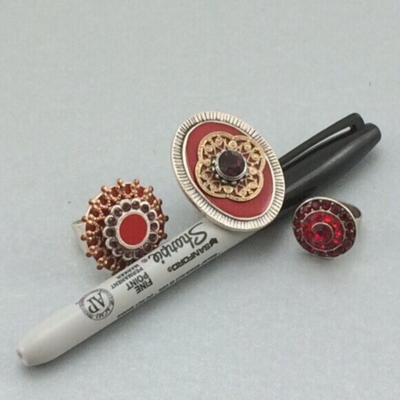 3 Adjustable Costume Rings Red Purple Silvertone Sparkly Ornate Boho Rhinestone - Picture 13 of 13